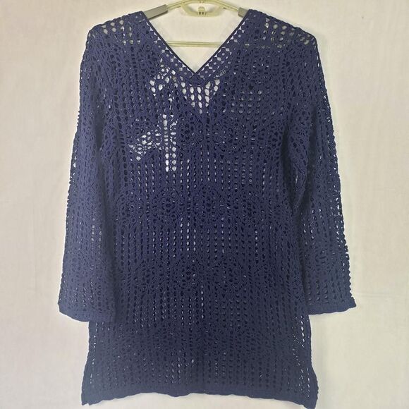 La Blanca Crochet Swim Cover Up Womens Medium Indigo Tunic Dress V Neck LB3ZW57 - Picture 6 of 12